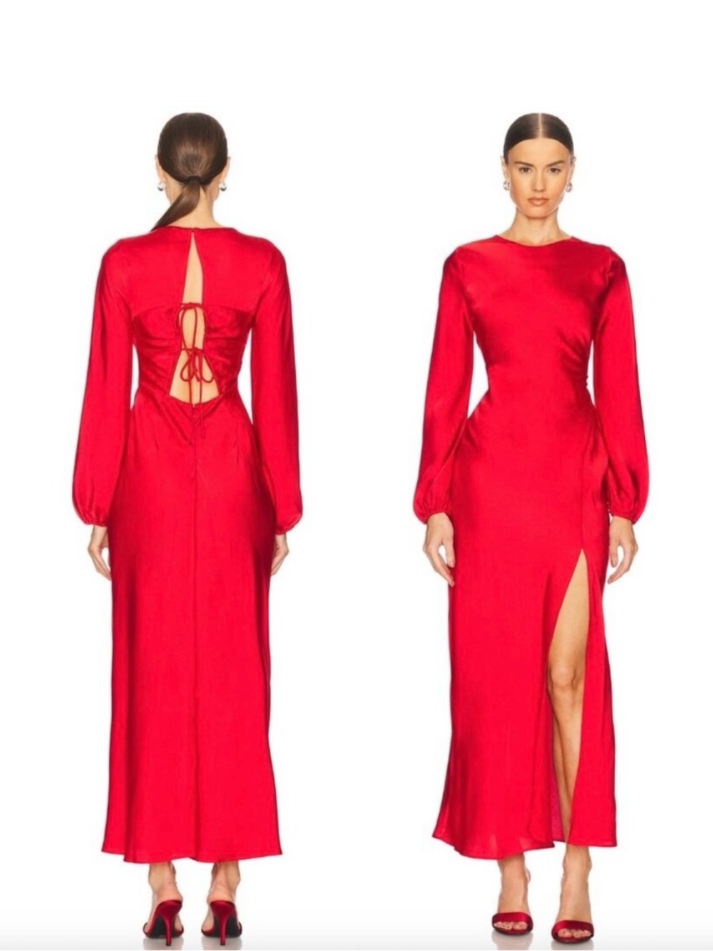 NEW ASTR the Label Elyse Red Long-Sleeve satin formal Maxi Dress with Back Tie